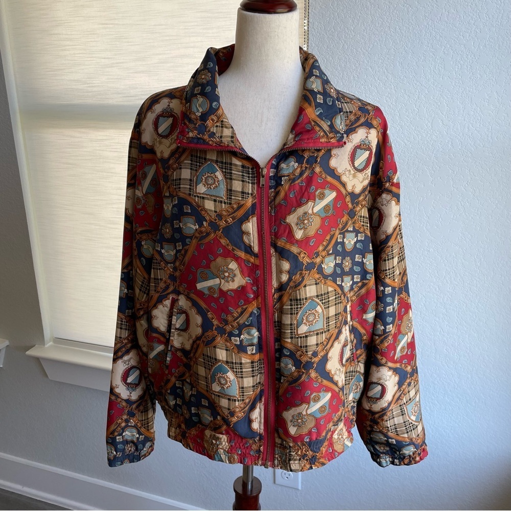 Womens 100% Silk Vintage Abstract Shield and Chains Jacket Windbreaker Medium